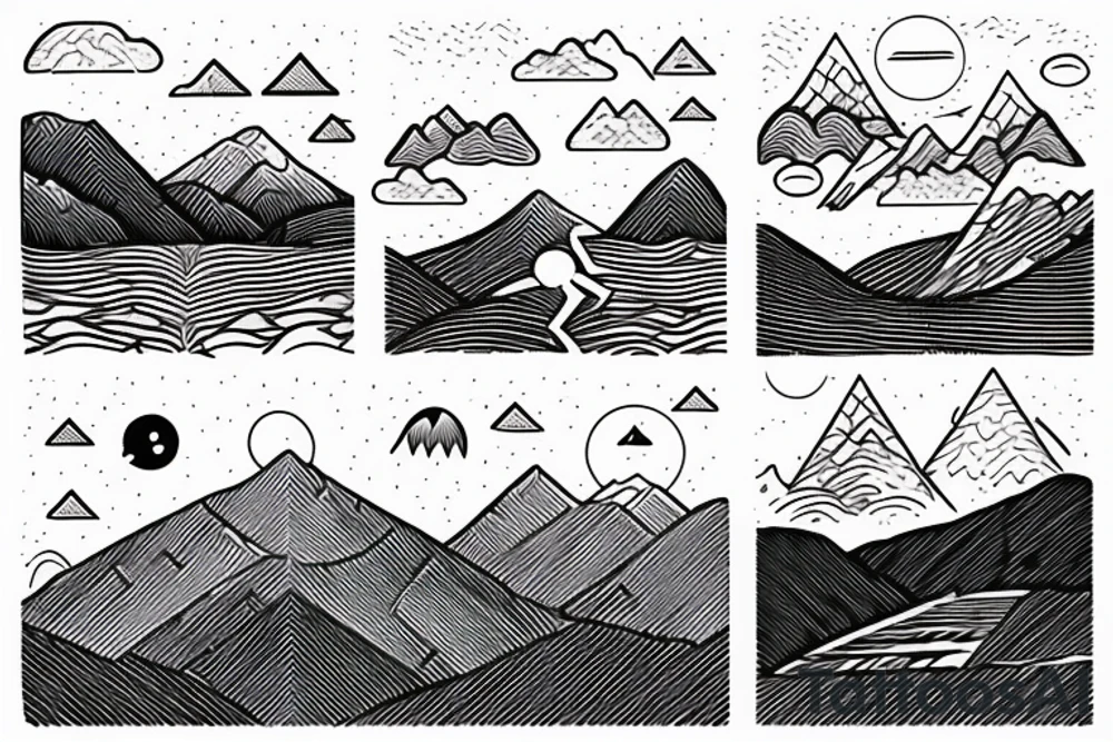 A man is running on a trail that is winding into the distance. There is a set of mountains in the background. And a thunderstorm is overhead. In the distance, just poking through the mountains, the sun is starting to shine. tattoo idea