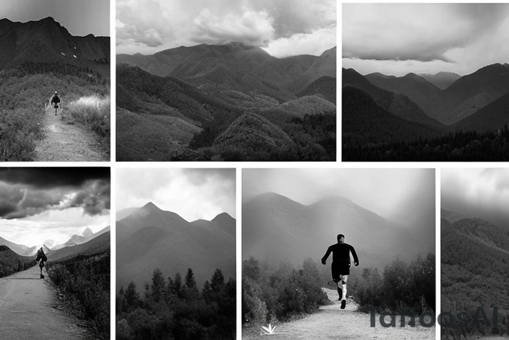 A man is running on a trail that is winding into the distance. There is a set of mountains in the background. And a thunderstorm is overhead. In the distance, just poking through the mountains, the sun is starting to shine. tattoo idea