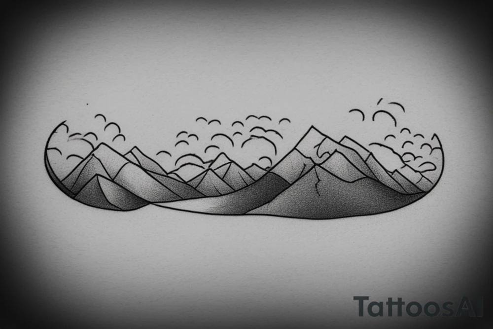 A man is running on a trail that is winding into the distance. There is a set of mountains in the background. And a thunderstorm is overhead. In the distance, just poking through the mountains, the sun is starting to shine. tattoo idea
