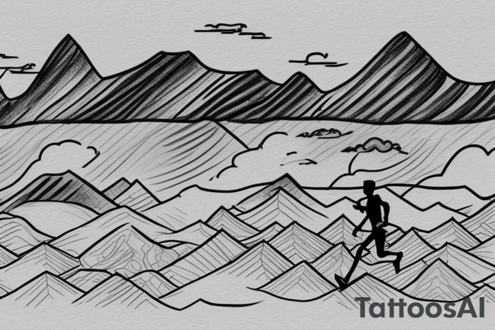 A man is running on a trail that is winding into the distance. There is a set of mountains in the background. And a thunderstorm is overhead. In the distance, just poking through the mountains, the sun is starting to shine. tattoo idea