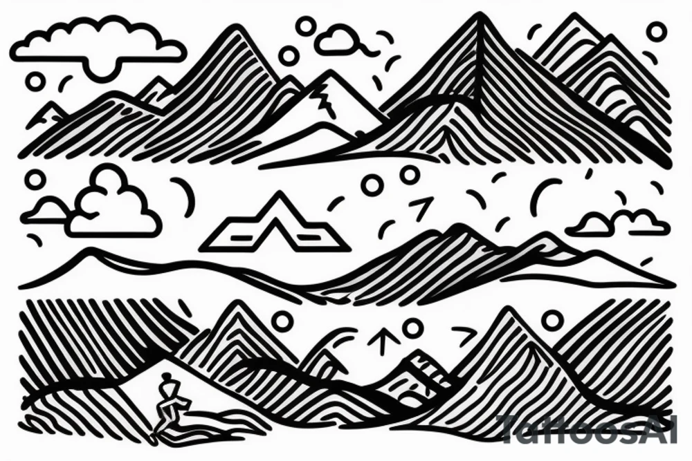 A man is running on a trail that is winding into the distance. There is a set of mountains in the background. And a thunderstorm is overhead. In the distance, just poking through the mountains, the sun is starting to shine. tattoo idea