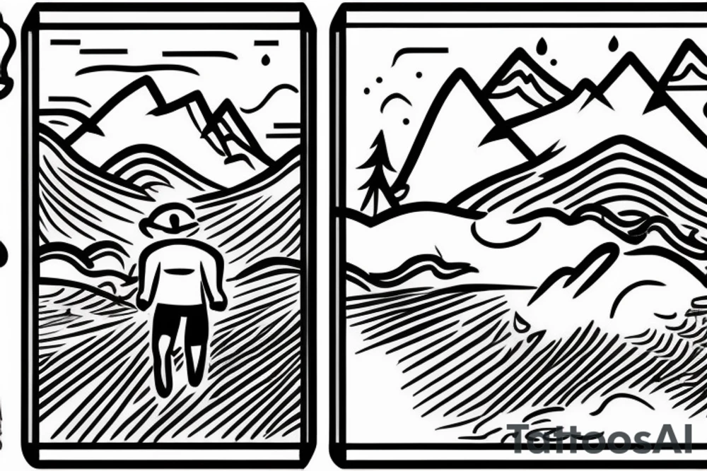 A man is running on a trail that is winding into the distance. There is a set of mountains in the background. And a thunderstorm is overhead. In the distance, just poking through the mountains, the sun is starting to shine. tattoo idea