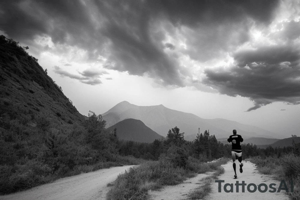 A man is running on a trail that is winding into the distance. There is a set of mountains in the background. And a thunderstorm is overhead. In the distance, just poking through the mountains, the sun is starting to shine. tattoo idea