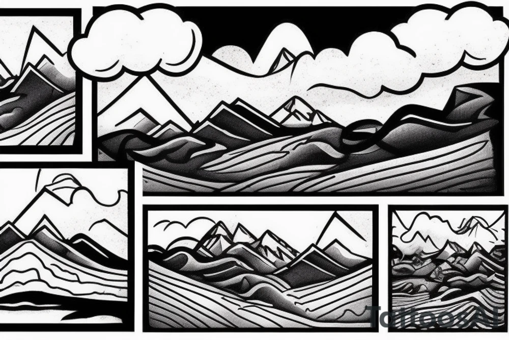 A man is running on a trail that is winding into the distance. There is a set of mountains in the background. And a thunderstorm is overhead. In the distance, just poking through the mountains, the sun is starting to shine. tattoo idea