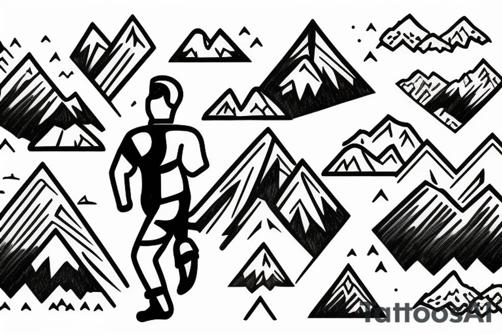 A man running on a trail with mountains in the distance tattoo idea