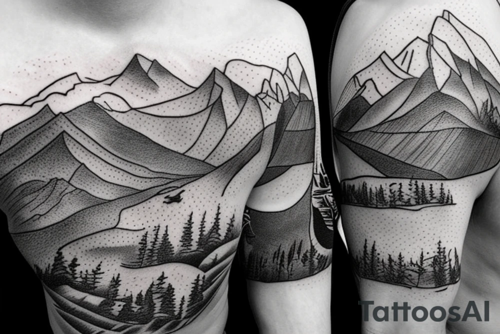 A man running on a trail with mountains in the distance tattoo idea