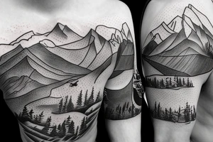 A man running on a trail with mountains in the distance tattoo idea