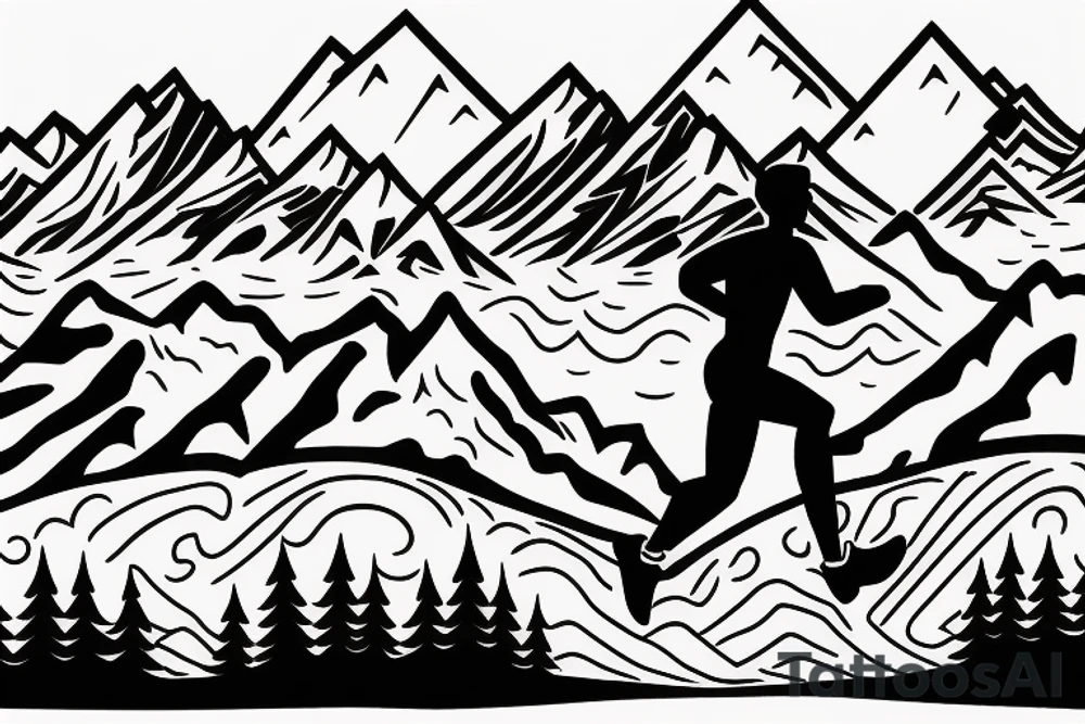 A man running on a trail with mountains in the distance tattoo idea
