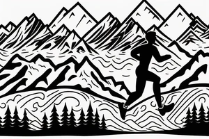 A man running on a trail with mountains in the distance tattoo idea
