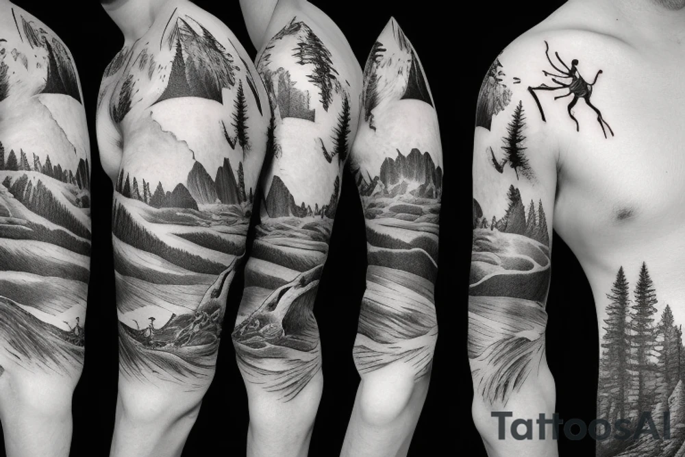 A man running on a trail with mountains in the distance in a tattoo sleeve tattoo idea