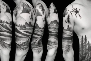 A man running on a trail with mountains in the distance in a tattoo sleeve tattoo idea