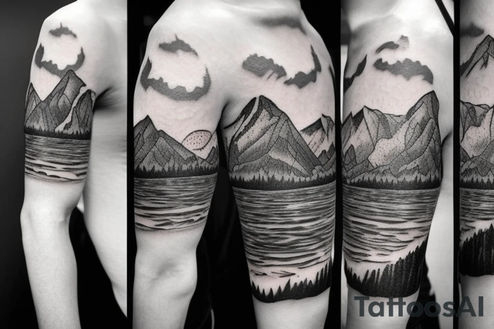 A man running on a trail with mountains in the distance in a tattoo sleeve tattoo idea