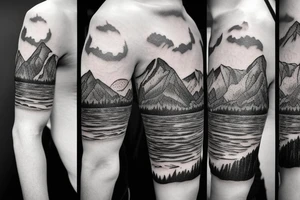 A man running on a trail with mountains in the distance in a tattoo sleeve tattoo idea