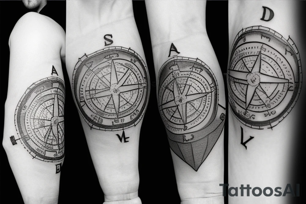 A map tattoo sleeve with a compass laying on it tattoo idea