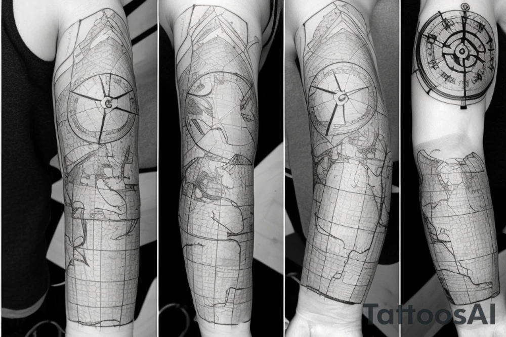 A map tattoo sleeve with a compass laying on it tattoo idea