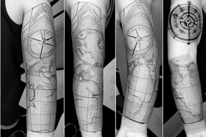 A map tattoo sleeve with a compass laying on it tattoo idea