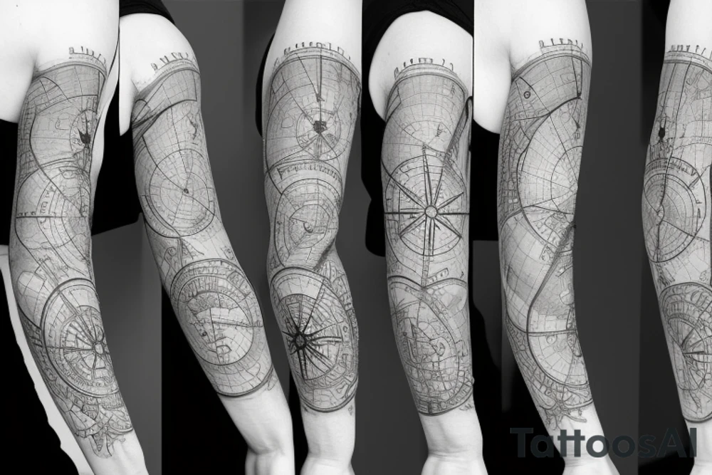 A map tattoo sleeve with a compass laying on it tattoo idea