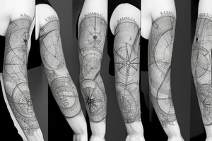 A map tattoo sleeve with a compass laying on it tattoo idea