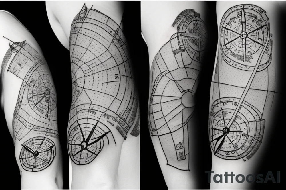 A map tattoo sleeve with a compass laying on it tattoo idea