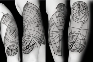 A map tattoo sleeve with a compass laying on it tattoo idea