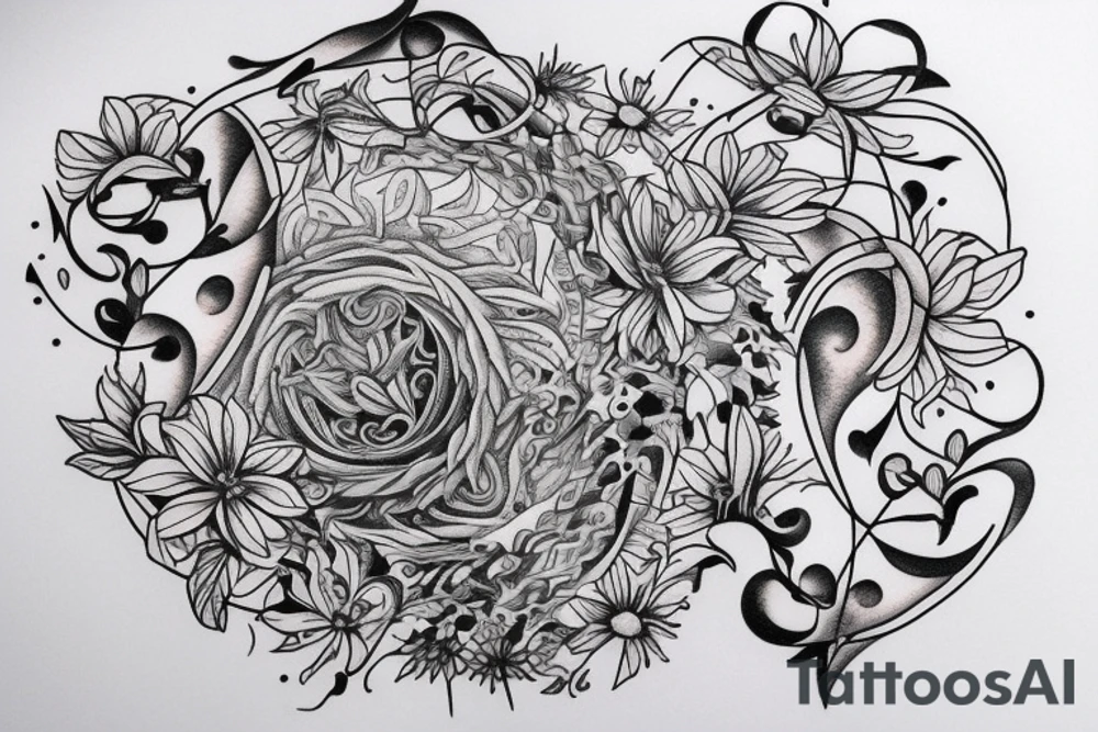 Include the quote "Tibi Et Igni" - a latin quote meaning For you and for fire, designed around flowers tattoo idea