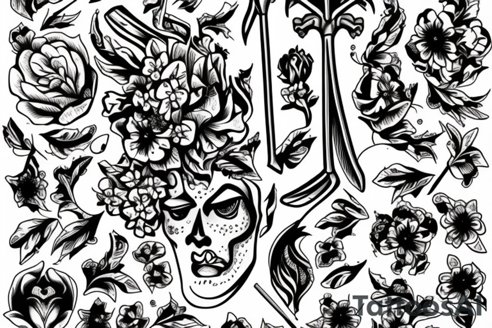 Dagger with cherry blossoms and coffin tattoo idea