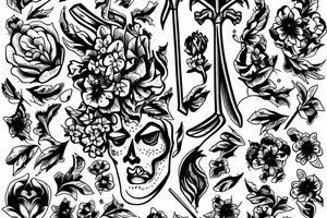 Dagger with cherry blossoms and coffin tattoo idea