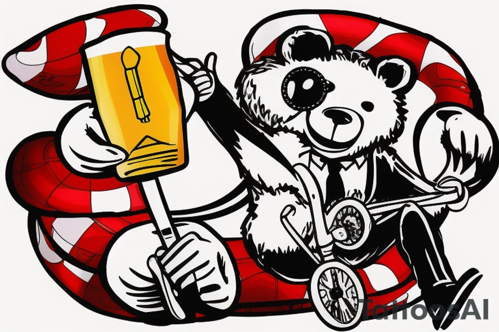 Bear on a unicycle wearing a circus outfit drinking a beer while wearing sunglasses tattoo idea