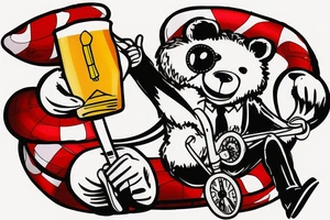 Bear on a unicycle wearing a circus outfit drinking a beer while wearing sunglasses tattoo idea