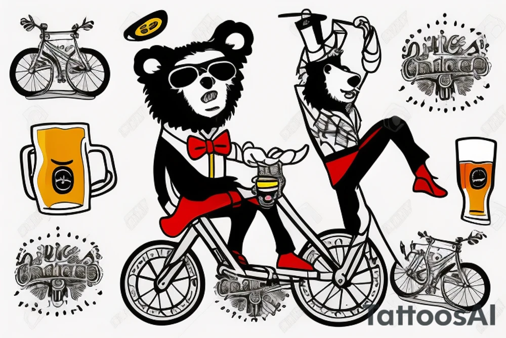 Bear on a unicycle wearing a circus outfit drinking a beer while wearing sunglasses tattoo idea