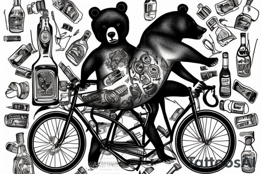 Bear on a bike with a bottle of booze tattoo idea