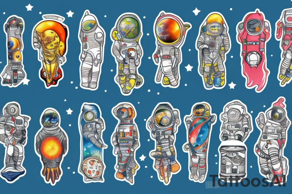 Arm sleeve colored tattoo with astronaut, space and mushrooms tattoo idea