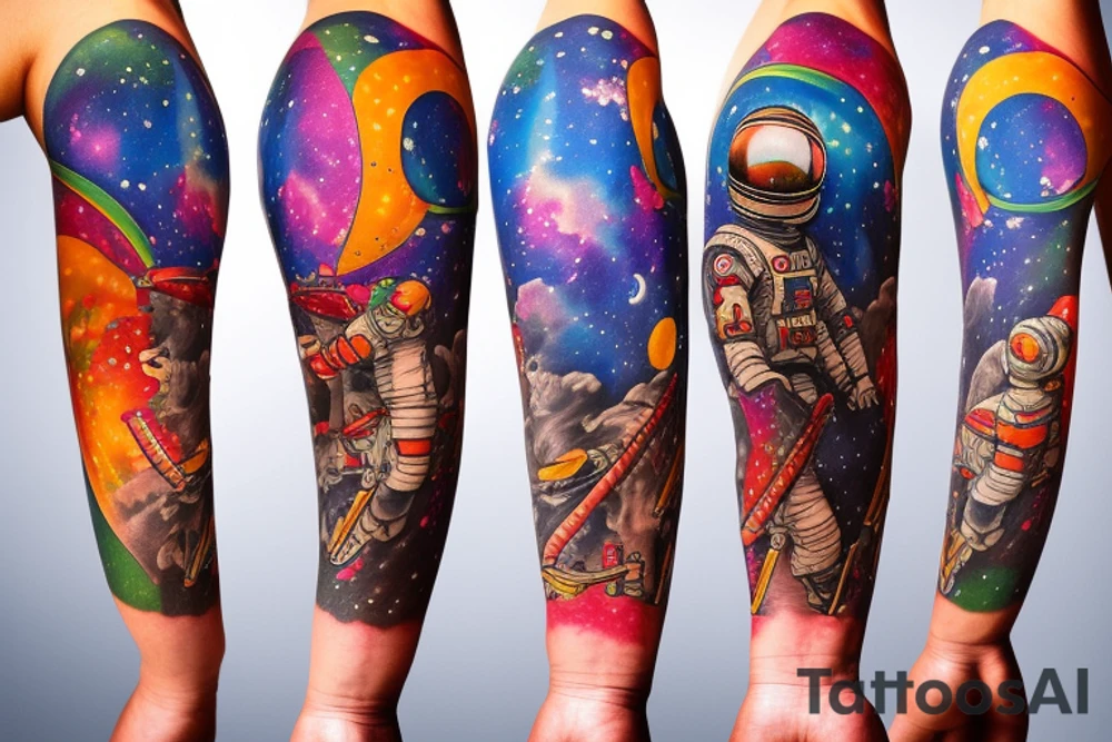Arm sleeve colored tattoo with astronaut, space and mushrooms tattoo idea