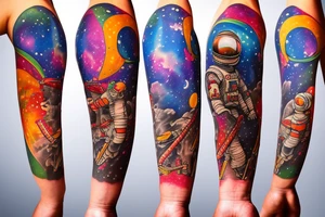 Arm sleeve colored tattoo with astronaut, space and mushrooms tattoo idea