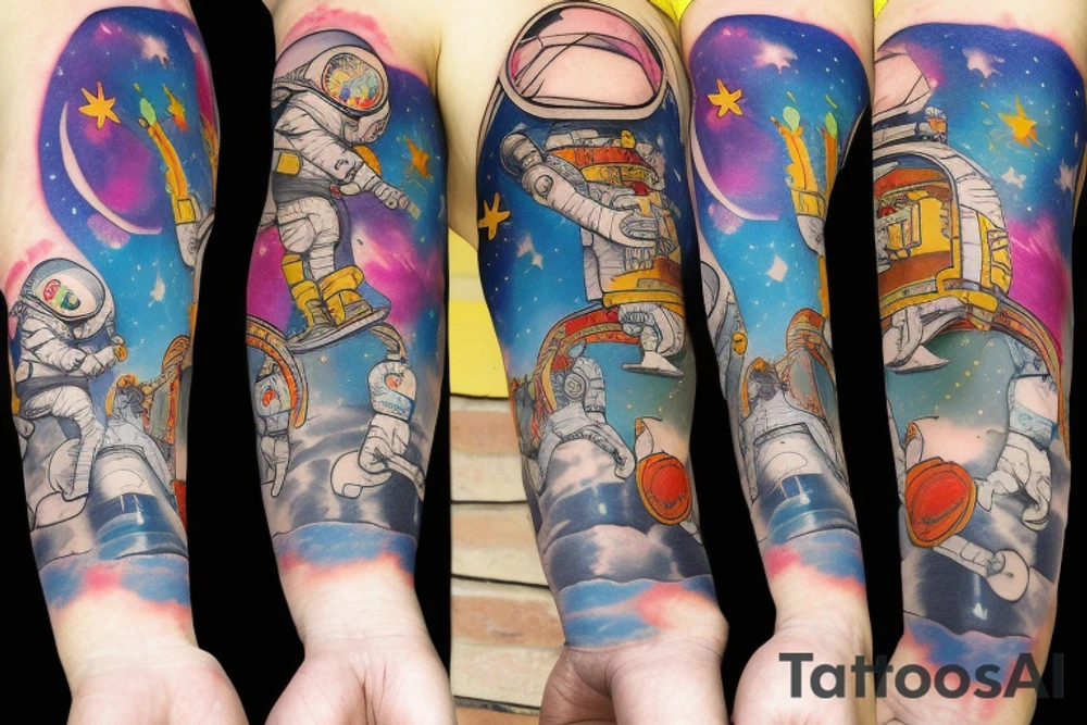 Arm sleeve colored tattoo with astronaut, space and mushrooms tattoo idea