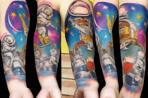 Arm sleeve colored tattoo with astronaut, space and mushrooms tattoo idea