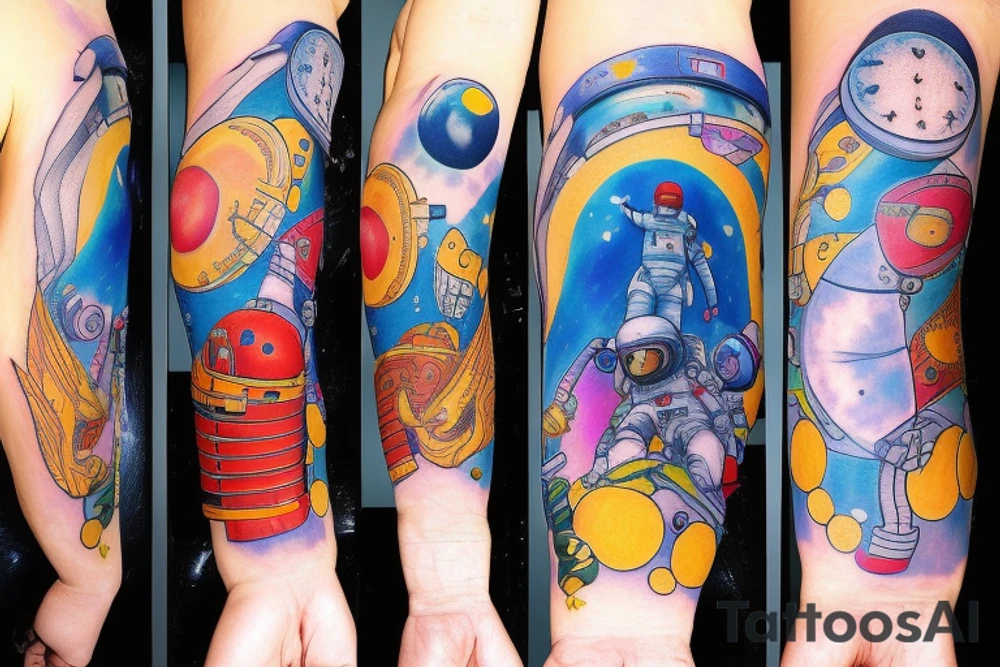 Arm sleeve colored tattoo with astronaut, space and mushrooms tattoo idea