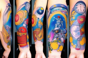 Arm sleeve colored tattoo with astronaut, space and mushrooms tattoo idea