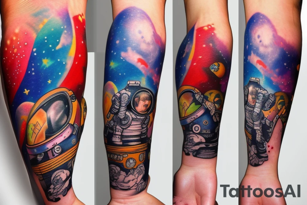 Arm sleeve colored tattoo with astronaut, space and mushrooms tattoo idea