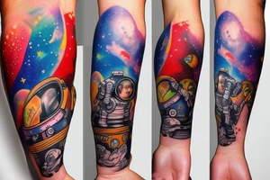 Arm sleeve colored tattoo with astronaut, space and mushrooms tattoo idea