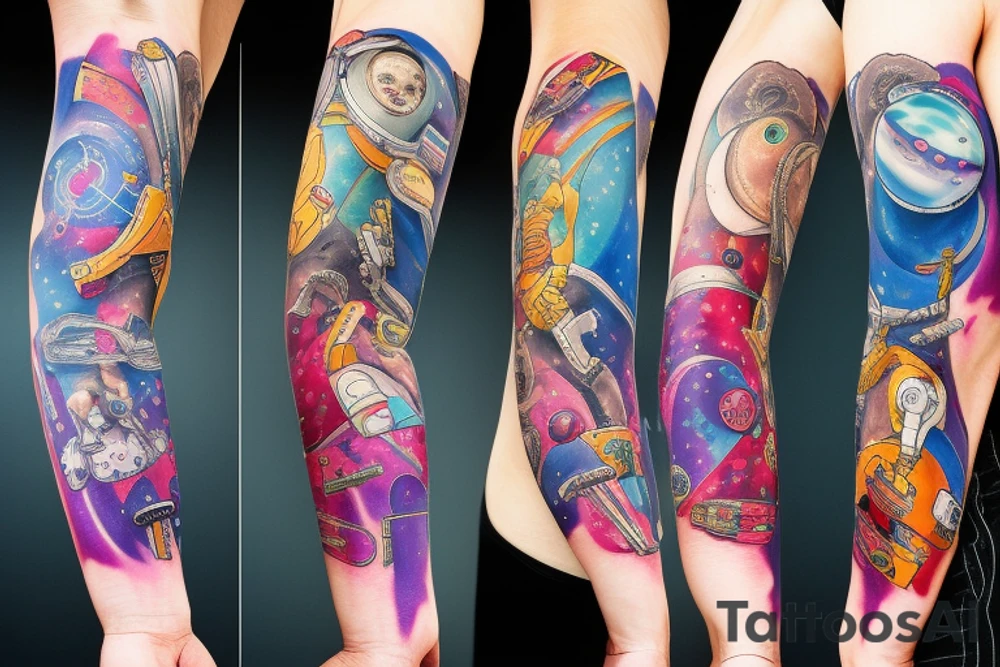 Arm sleeve colored tattoo with astronaut, space and mushrooms tattoo idea