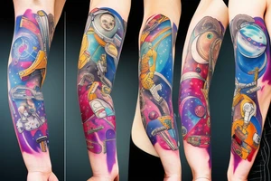 Arm sleeve colored tattoo with astronaut, space and mushrooms tattoo idea