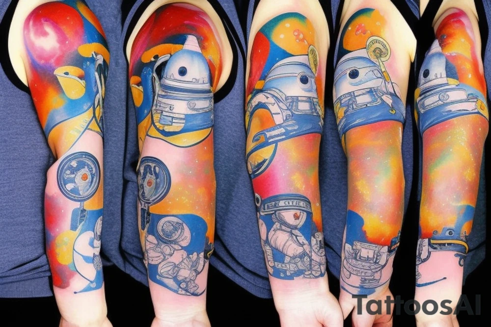 Arm sleeve colored tattoo with astronaut, space and mushrooms tattoo idea