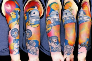 Arm sleeve colored tattoo with astronaut, space and mushrooms tattoo idea