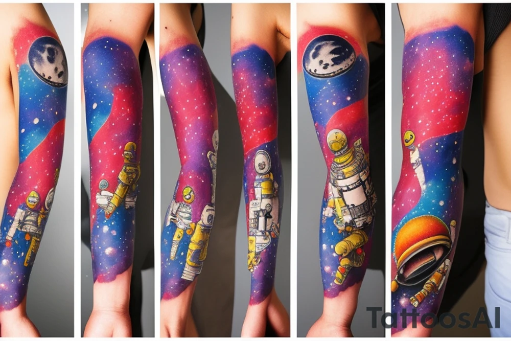 Arm sleeve colored tattoo with astronaut, space and mushrooms tattoo idea
