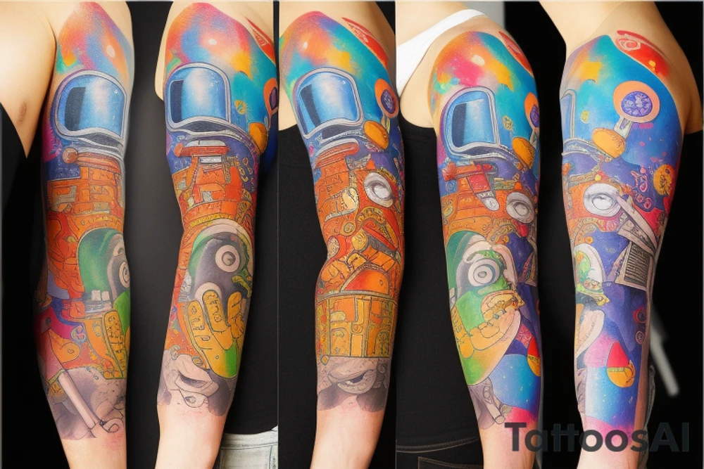 Arm sleeve colored tattoo with astronaut, space and mushrooms tattoo idea