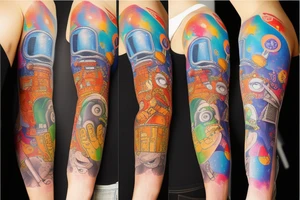 Arm sleeve colored tattoo with astronaut, space and mushrooms tattoo idea