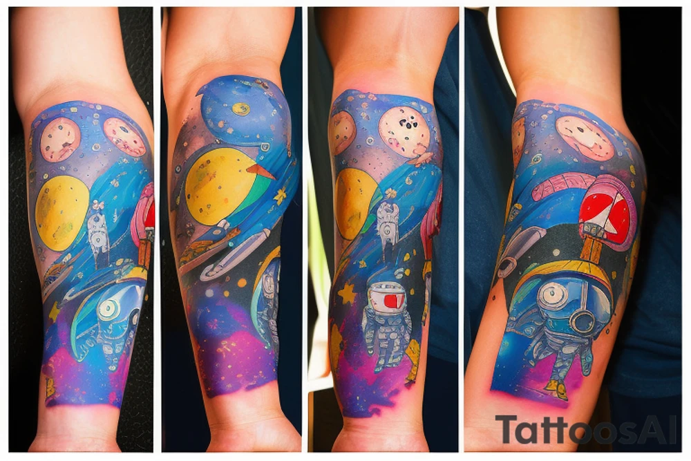 Arm sleeve colored tattoo with astronaut, space and mushrooms tattoo idea
