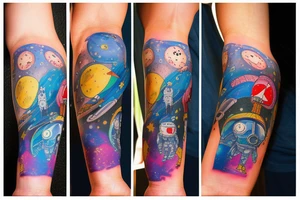 Arm sleeve colored tattoo with astronaut, space and mushrooms tattoo idea