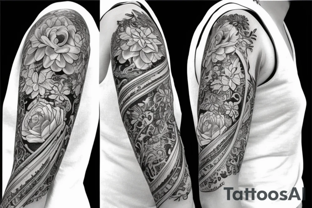 botanical tattoo wrapped around bicep of woman tattoo idea